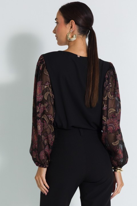 Blusa Manga Longa com Dois Tecidos de Alfaiataria Feminina Anete - Jet Black- Tlic Rio