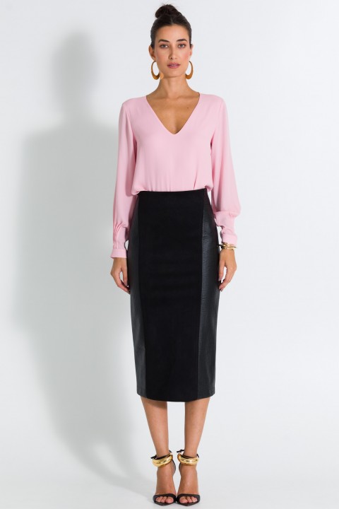 Saia Midi de Suede de Alfaiataria Feminina Linda - Preto - Tlic Rio