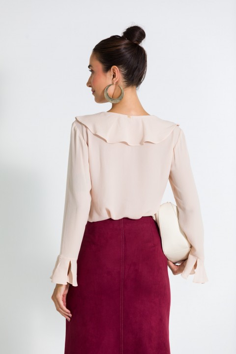 Blusa Manga Longa com Babado Caracol de Alfaiataria Feminina Merry - Bege - Tlic Rio