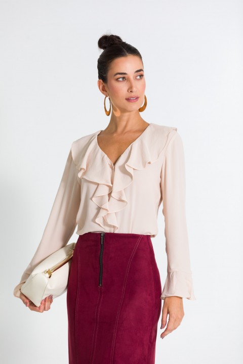 Blusa Manga Longa com Babado Caracol de Alfaiataria Feminina Merry - Bege - Tlic Rio