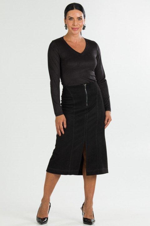 Saia Midi com Pesponto de Alfaiataria Feminina Helen - Preto - Tlic Rio