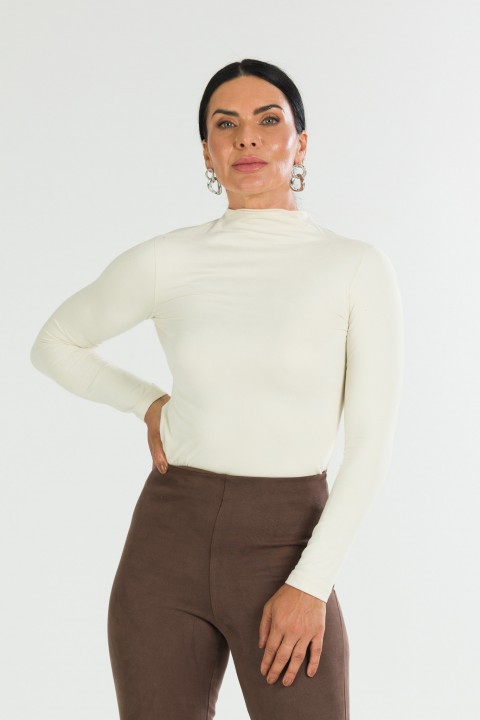 Blusa Manga Longa com Gola Alta de Alfaiataria Feminina Kezia - Bege - Tlic Rio