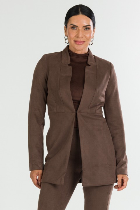 Blazer Alongado com Recorte Frontal de Alfaiataria Feminina Electra - Chocolate - Tlic Rio