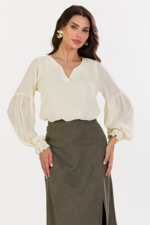 Blusa Manga Longa Bufante de Alfaiataria Feminina Mirian  - Manteiga - Tlic Rio