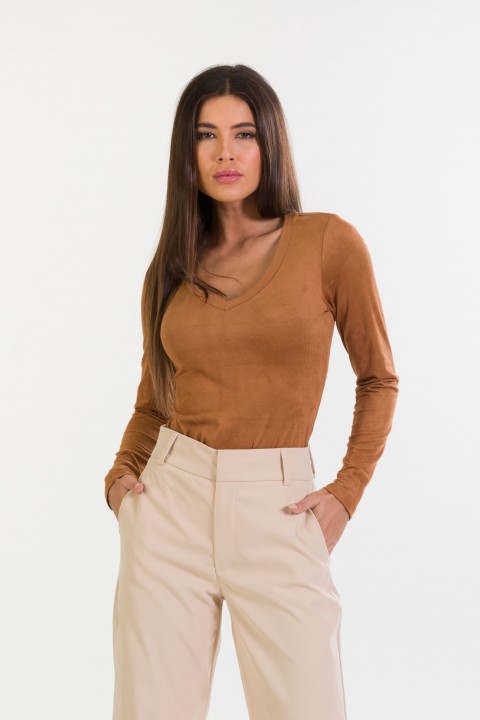 Blusa Manga Longa Decote V Suede de Alfaiataria Feminina Karina - Anjelim - Tlic Rio