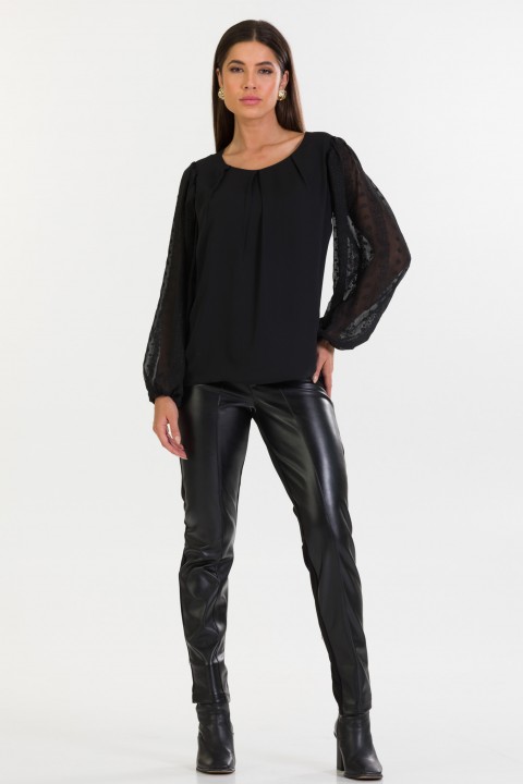 Blusa Manga Longa com Transparência de Alfaiataria Feminina Coralina - Preto - Tlic Rio