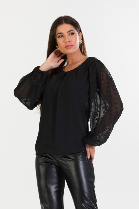 Blusa Manga Longa com Transparência de Alfaiataria Feminina Coralina - Preto - Tlic Rio