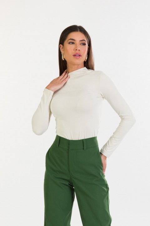 Blusa Manga Longa com Gola Alta de Alfaiataria Feminina Kezia - Bege - Tlic Rio
